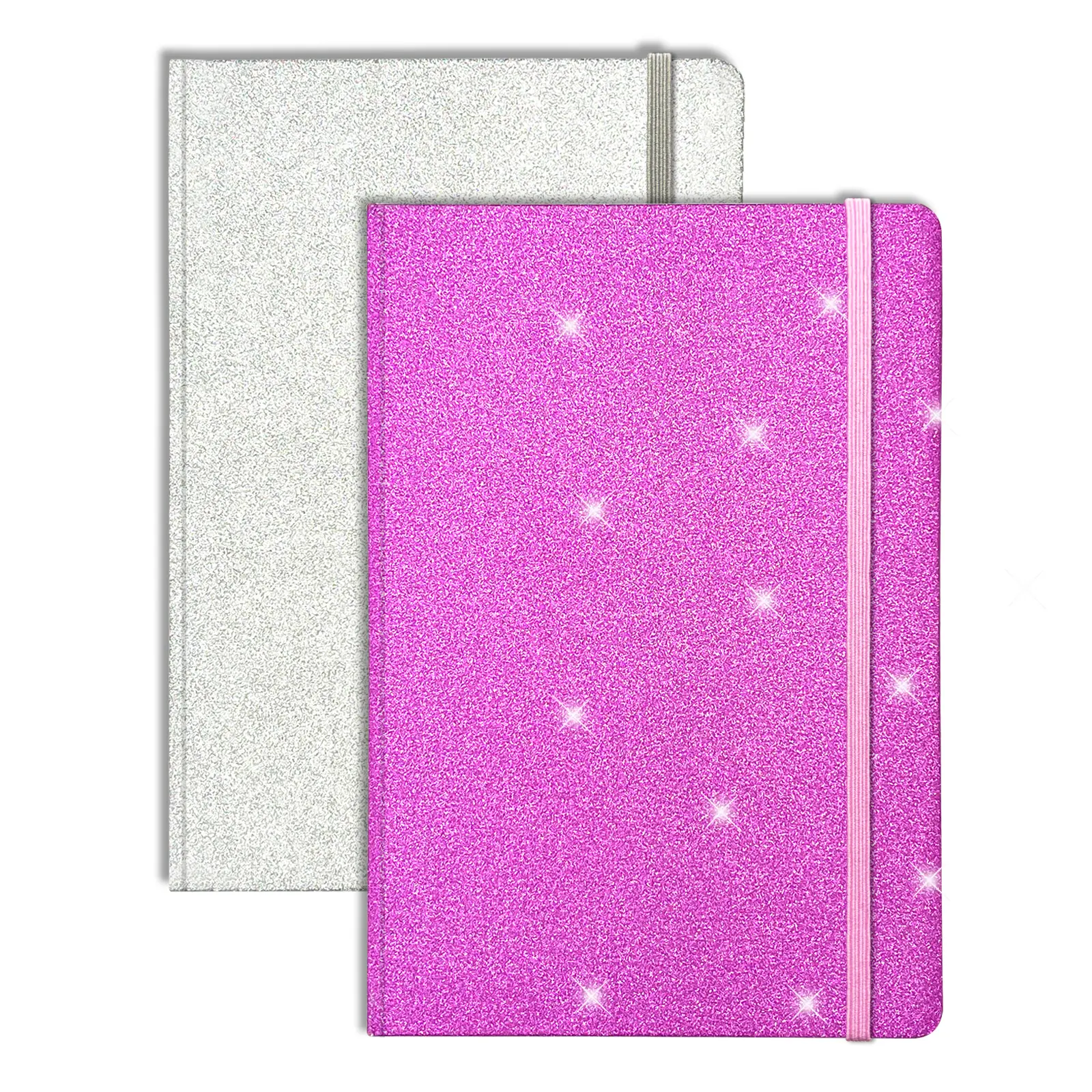 Glitter A5 Hardcover Notebook 2 Pack, 160 Pages Lined Diary with Elastic Band for Office School Daily Journal