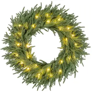 COSTWAY Pre-Lit Christmas Wreath, Battery Operated Lighted Artificial Winter Xmas Wreaths for Front Door with LED Lights, Lighting Modes, Windows Wall Mantel Decor