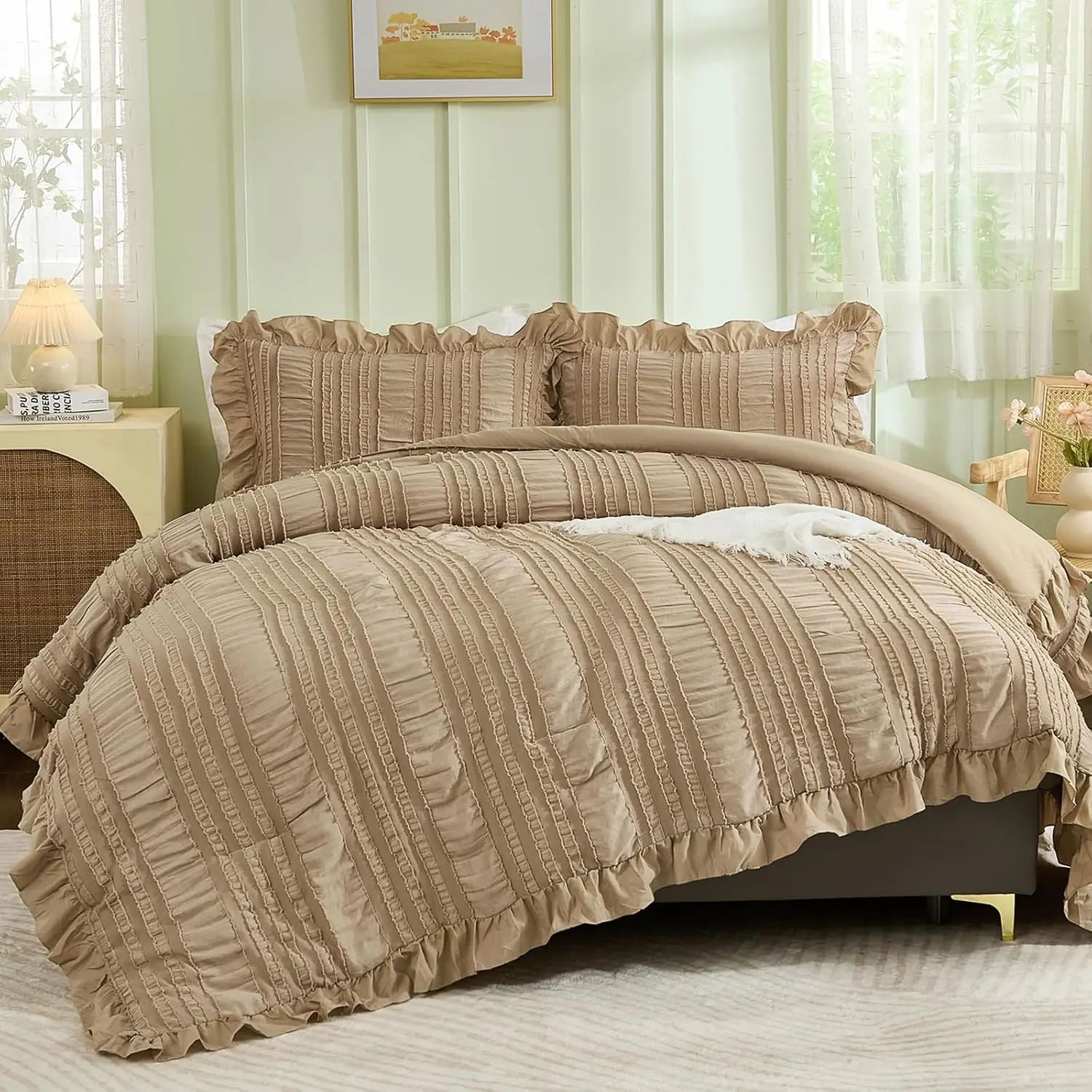 Khaki Comforter Set Queen,3 Pieces Ruffle Farmhouse Comforter for Queen Bed,Soft Seersucker Textured Boho Bedding Set with 1 Ruffle Comforter,2 Tufted Pillowcases 90"*90"
