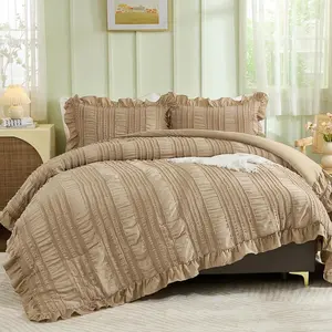 Khaki Comforter Set Queen,3 Pieces Ruffle Farmhouse Comforter for Queen Bed,Soft Seersucker Textured Boho Bedding Set with 1 Ruffle Comforter,2 Tufted Pillowcases 90"*90"