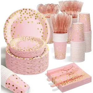 175PCS Pink Rose Gold Plates Party Supplies Severs 25 Guests Disposable Party Decorations, Plastic Forks Knives Spoons, Golden Dot Paper Plates Napkins Cups for Baby Shower Birthday Wedding