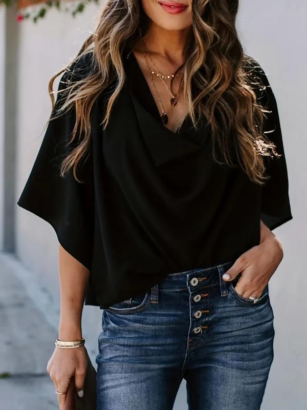 MINHKHUE Women's Casual Loose Fit Black Blouse Top - Short Sleeve Draped V Neck Summer Shirt, Elegant Chic Solid Color Tunic for Work, Daily, Party, Streetwear, Stylish Trendy Outfit with Jeans or Skirts