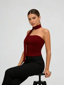 Women's Wine Backless Crop Top, Ruched Waist Design, Contrast Lace Detailing, Slim Fit Short Sleeveless Blouse
