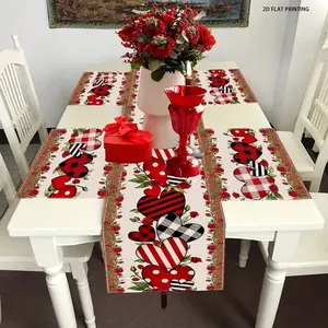 2D flat printing, set of 1 piece/4 pieces/6 pieces/5 pieces/7 pieces, Valentine's Day table flag and placemat set, vintage heart-shaped roses, suitable for kitchen, restaurant, holiday party, coffee table decoration, romantic table arrangement