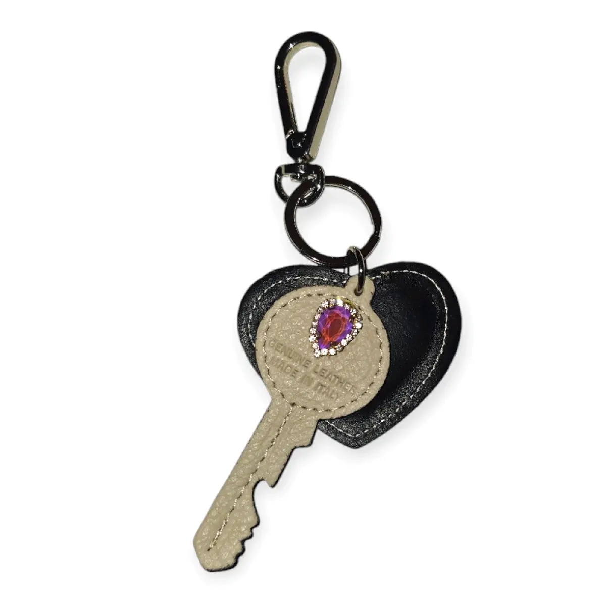 Duarte Lateef Genuine Leather Key Chain with Signature Gemstone Attachment and Silver Hardware - Made in Italy