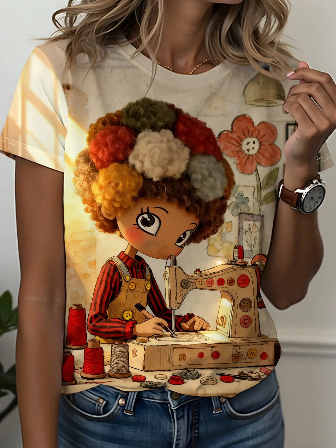 Cartoon Girl Sewing Pattern Short Sleeve T-Shirt, Women's Loose Fit Printed Top, Summer Casual Fashion, All over Print Design
