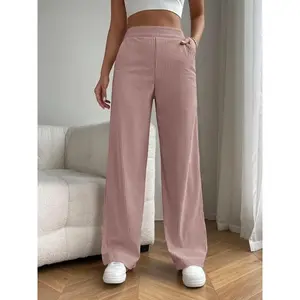 Women's Plain Pocket High Waist Pants, Casual Corduroy Wide Leg Trousers, Ladies Bottoms for Daily Wear