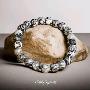 Map Jasper Bracelet Natural Stones 8mm, 10mm Stretches Unisex - Grounding and Protection Adjustable Gray