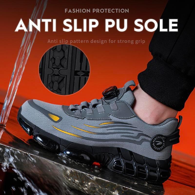 Men's Steel Toe Safety Shoes Puncture Proof And Smash Proof With Swivel Button Contrasting Color Mesh Work Shoes Suitable For Outdoor Work Blue Collar Industrial Construction Outdoorfun Footwear Grey