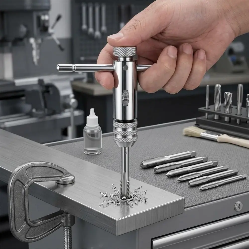 Professional T-Handle Ratchet Tap Wrench Set, M3-M8 Metric Taps for Precision Threading. Heavy-Duty Tools for Metalworking, Automotive Repair & Manufacturing. Non-Slip Grip, Multi-Size Adaptable & Durable.