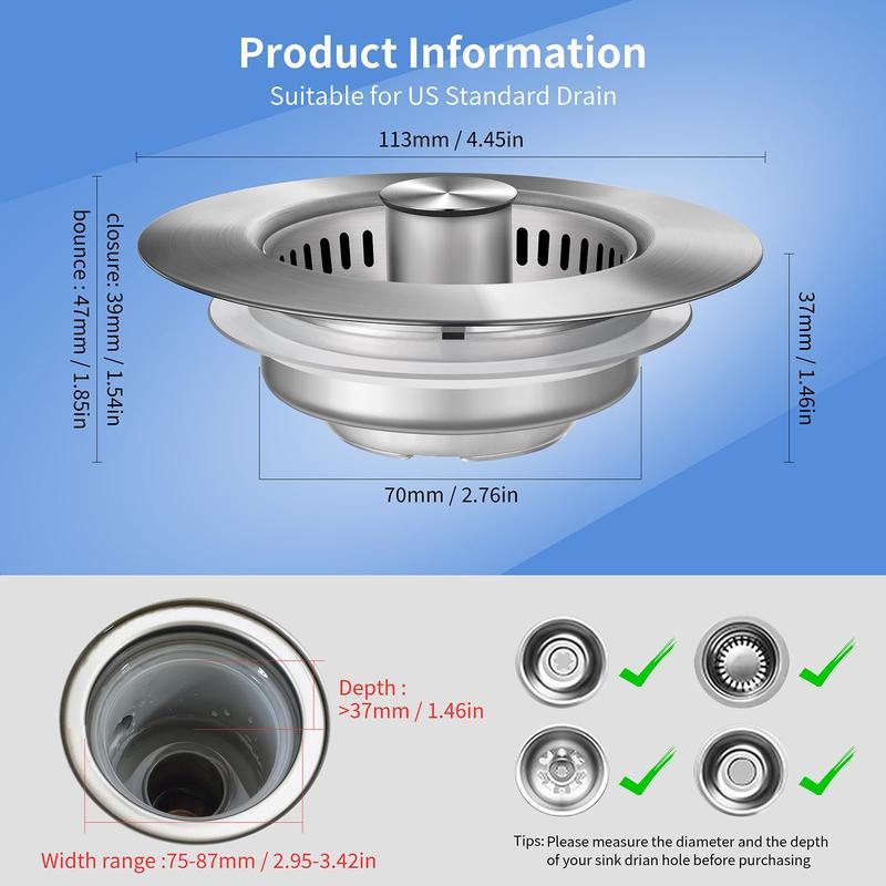 Grab this durable all-metal 3-in-1 sink strainer stopper! Boasting a pop-up bounce design, it works with most 3-1/2 inch kitchen sink drain holes. Its built-in handle rod efficiently traps food debris to prevent annoying sink clogs.