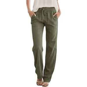High Waist Casual Pants Drawstring Straight Leg Vacation Comfy Lounge Pocket Linen Trousers