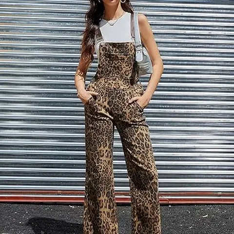 Zhangyan Leopard Print Overalls for Women Stretch Denim Loose Fit Bib Coveralls Cheetah Spring Fall Winter Outfits Y2K Fashion Animal Prints Sleeveless Jumpsuits Country Style Pants Wife Womenswear Rompers Western Cowgirl Comfortable Trouser