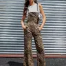 Zhangyan Leopard Print Overalls for Women Stretch Denim Loose Fit Bib Coveralls Cheetah Spring Fall Winter Outfits Y2K Fashion Animal Prints Sleeveless Jumpsuits Country Style Pants Wife Womenswear Rompers Western Cowgirl Comfortable Trouser