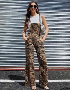 Zhangyan Gifts for Mom Leopard Print Overalls for Women Stretch Denim Loose Fit Bib Coveralls Cheetah Spring Fall Winter Outfits Y2K Fashion Animal Sleeveless Jumpsuits Straight Leg Pants Wife Womenswear Rompers Comfortable Trouser