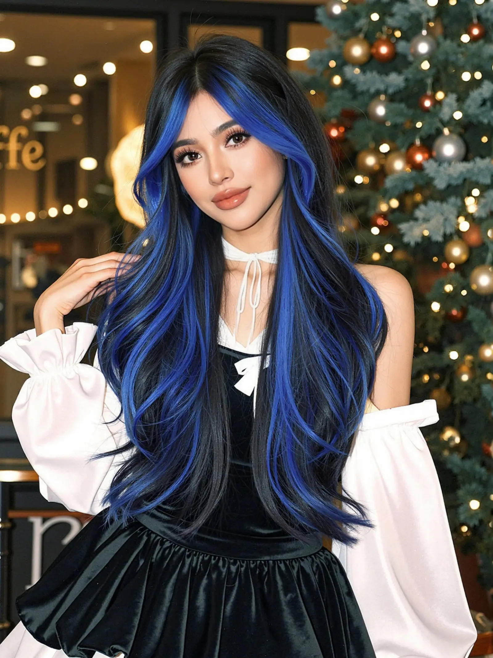 Christmas Blue Wig, Dipped Color, Long Curly Hair, No Bangs, 24 Inch Mechanically Synthesized Wig, Women's Party & Daily Wear, Synthetic Wigs