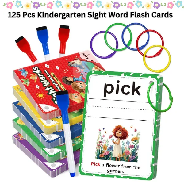 Dolch Sight Word Flash Cards - 125-Piece Set with Images to Aid Reading, 250 Words, Interactive Games, Manual, Classic Design, Homeschool Early Literacy Tool for Kindergarten Kids to Develop Essential Skills