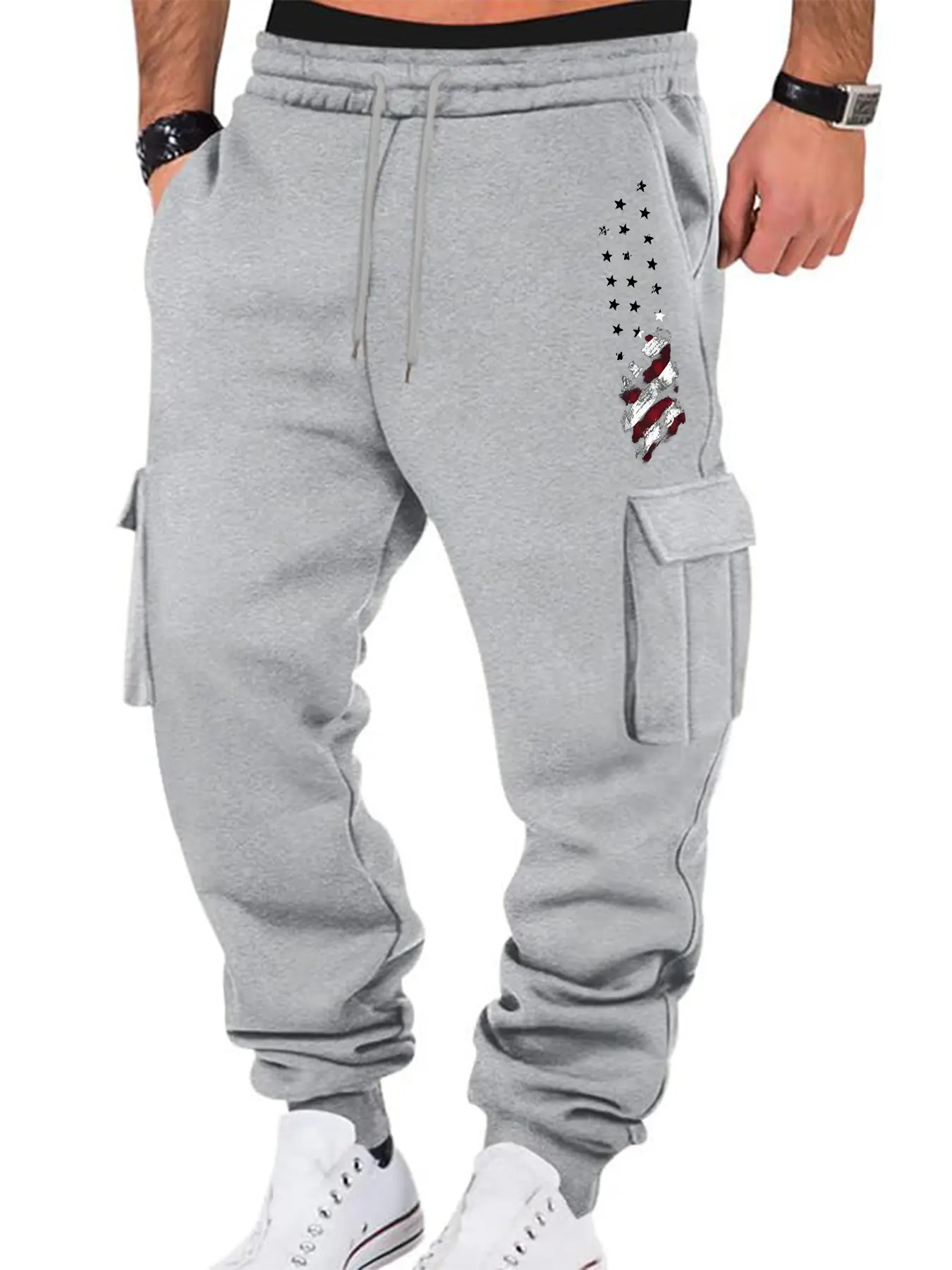 Men's Casual Cargo Pants with Side Pockets, British Flag Print, Thick Warm Fabric, Fitted Style for Fall & Winter Daily Wear