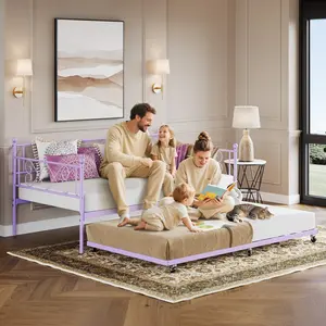 Garvee Twin Daybed with Pull-Out Trundle Featuring Heart-Shaped Metal Headboard, Heavy-Duty Steel Sofa Bed Frame, Space-Saving Design for Living Room or Bedroom, Easy Assembly, Available in Purple, White, and Pink