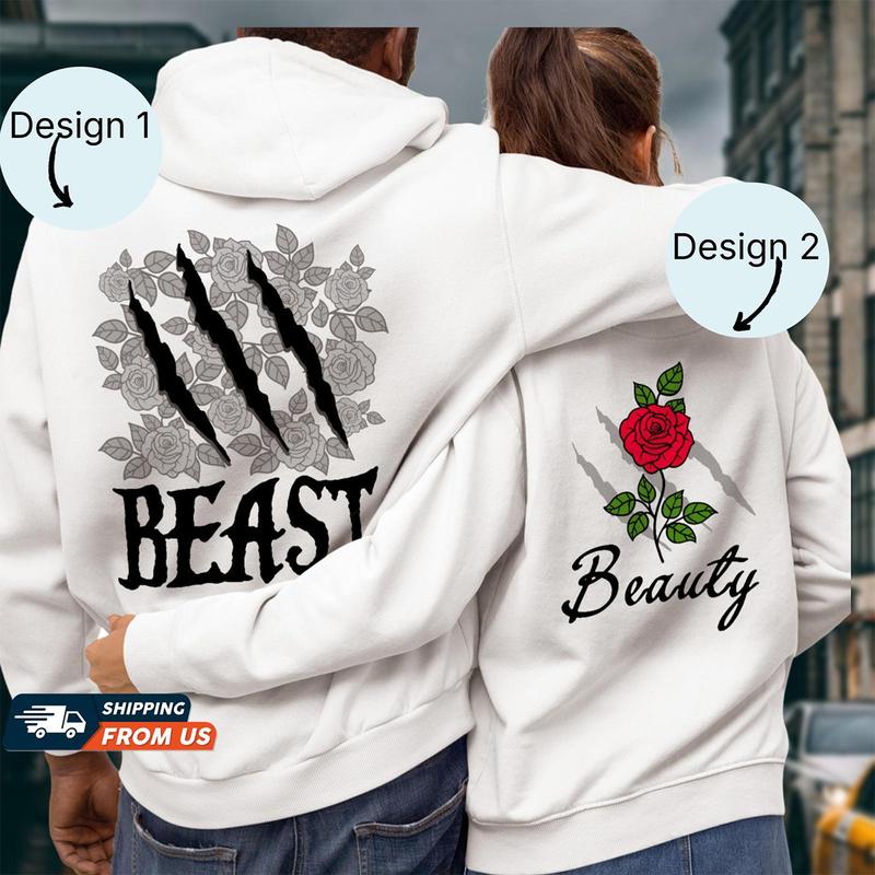 Beauty And The Beast Her Beast His Beauty Hoodie for Couple Graphic Hoodie Casual Fleece Fabric Pullover Hooded Sweatshirt Trendy Tops Oufits