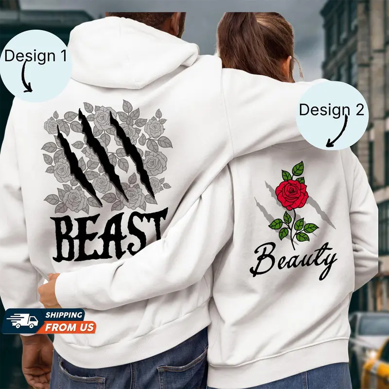 Beauty And The Beast Her Beast His Beauty Hoodie for Couple Graphic Hoodie Casual Fleece Fabric Pullover Hooded Sweatshirt Trendy Tops Oufits