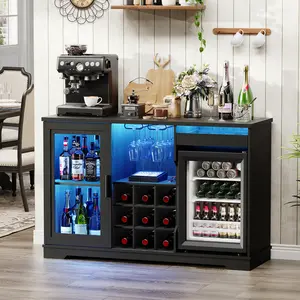 MIIFUNY Coffee Bar Cabinet with Fridge, Liquor Cabinet with LED Lights & Glass Holder, Mini Fridge Cabinet with Wine Storage, Human Body Sensor, Sideboard Buffet Table for Kitchen Dining Room, Black