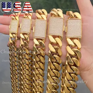 Moissanite Gold Cuban Necklace Stainless Steel Soild Heavy Miami Cuban Link Chain Curb Necklace With Copper Icedout Clasps Hip Hop Style