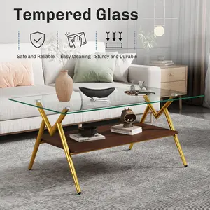 Modern Rectangle Coffee Table with Tempered Glass Top & Brown MDF Bottom Shelf, Metal Legs, 220lbs Load Capacity, Smooth Polished Edges, Easy Clean, for Living Room