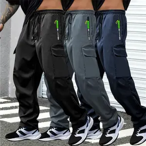 3pcs Men's Casual Pants Zippered Multi-Pocket Cargo Pants in Black Gray & Navy Blue for Everyday Wear