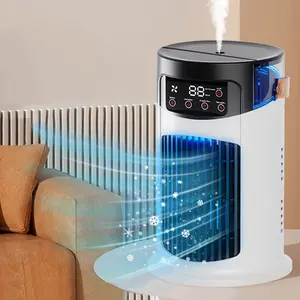 A household small air cooler has 6-speed regulation, which can be automatically closed at fixed time, small air conditioning fan with spray humidification, desktop cooling fan with color light, dormitory desktop mobile fan USB plug-in