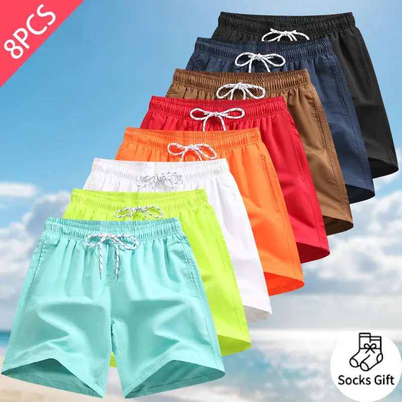 Men's 8-Pack Solid Quick-Dry Moisture-Wicking Water-Resistant Lined Beach Shorts, Mesh Liner, Adjustable Drawstring, Pockets, Unisex-Style Breathability, Casual Swim Trunks for Outdoor Fun & Tech Training, Moisture-Wicking Men's Shorts