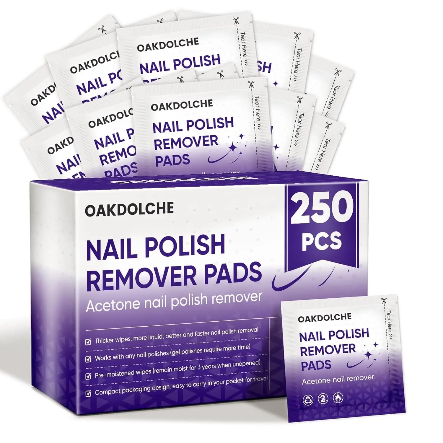 250 Pack Bulk Acetone Nail Polish Remover Pads Individually Wrapped & Travel-Friendly Quick & Effective for Gel & Fingernail Polish Home & Professional Nail Polish Removal Wipes