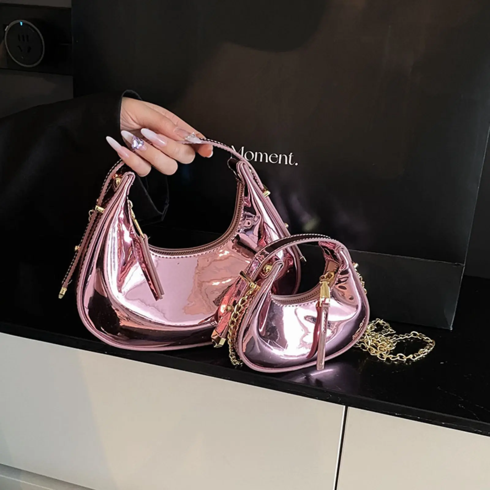 2026 New Mini Crescent Moon Crossbody Bag, Glossy Patent Leather Chain Purse, Stylish Portable Shoulder Handbag, Elegant Daily Bag Ideal for Dating, Shopping Outfits Matching, Purses Crossbody Bag