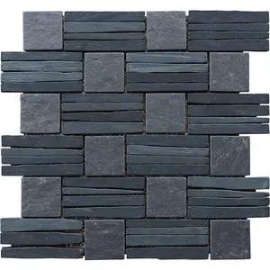212 MAIN Intrend Tile Basketweave Interlocked Mosaic - Black Slate Natural Stone Tiles, Sheet Size Included