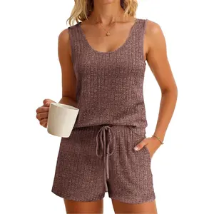 Aoysky Women's 2-Piece Minimalist Basic Sleeveless Ribbed Knit Tank Top & Shorts Pajama Set, Lady's Hip Coffee-Inspired Summer Lounge Sleepwear