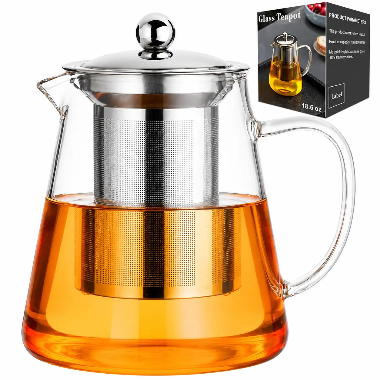 Glass Teapot Stovetop 18.6 OZ, Borosilicate Clear Tea Kettle with Removable 18/8 Stainless Steel Infuser, Teapot Blooming and Loose Leaf Tea Maker Tea Brewer for Camping