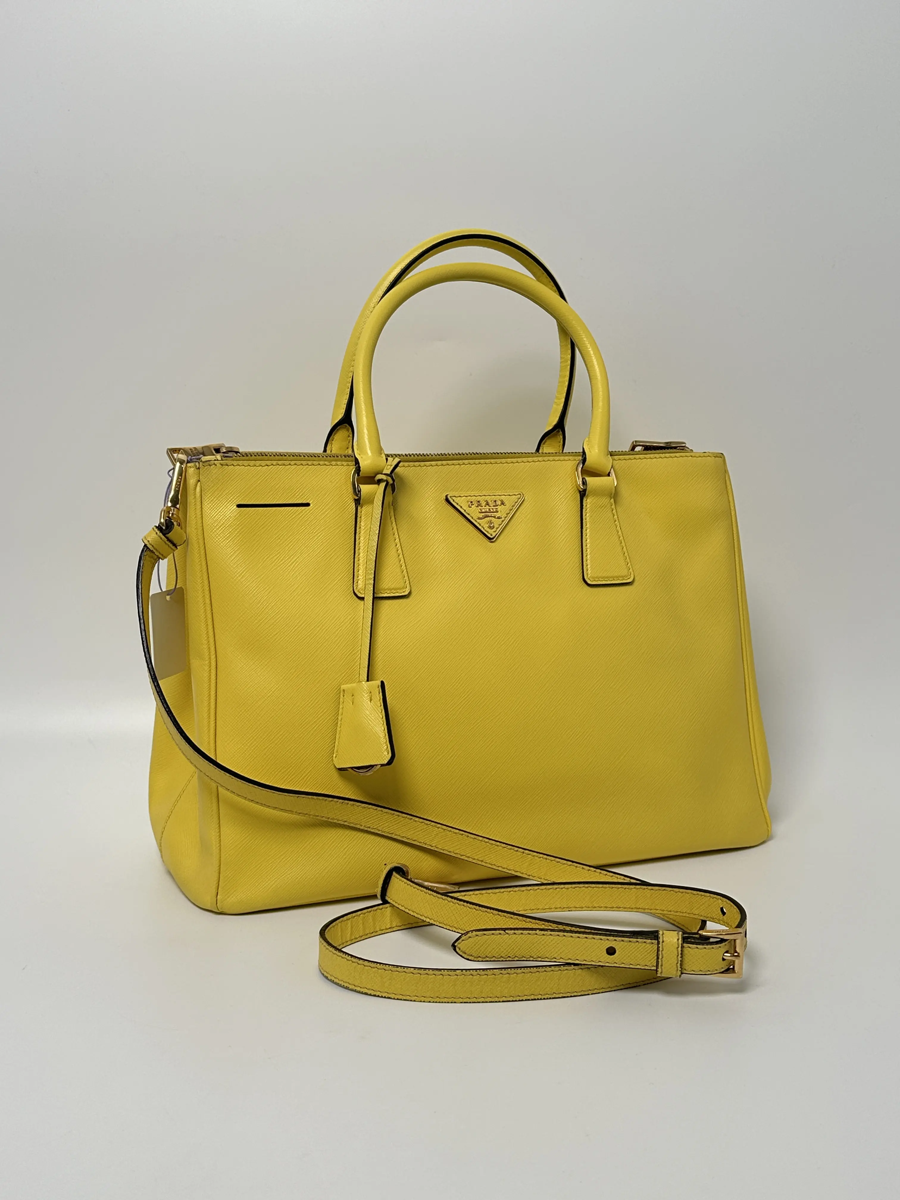 Pre-owned PRADA LEATHER Shoulder Bags Yellow Saffiano Galleria Tote Shoulder Bag Top Handle Handbag SH513PR