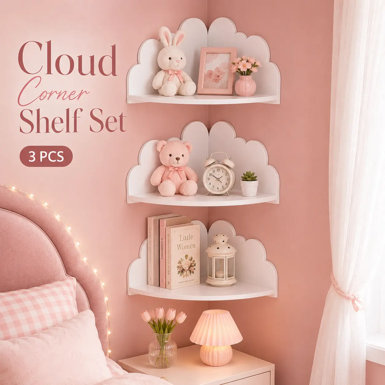 3PCS  Cloud-Shaped 90° Corner Shelf Set , 25.4 cm x 16.2 cm, White, Ideal for Home Organization & Storage