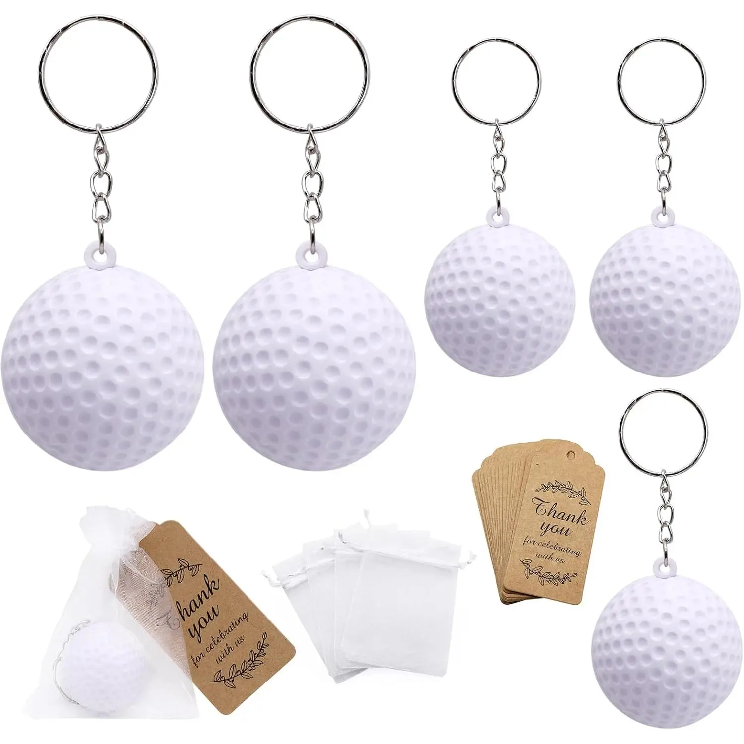 24 Pack Golf Keychains Golf Party Favors Mini Golf Balls Stress Ball Keychain with Kraft Tags Organza Bags for Golf Theme Wedding Birthday Party Sports Team Gifts Decor