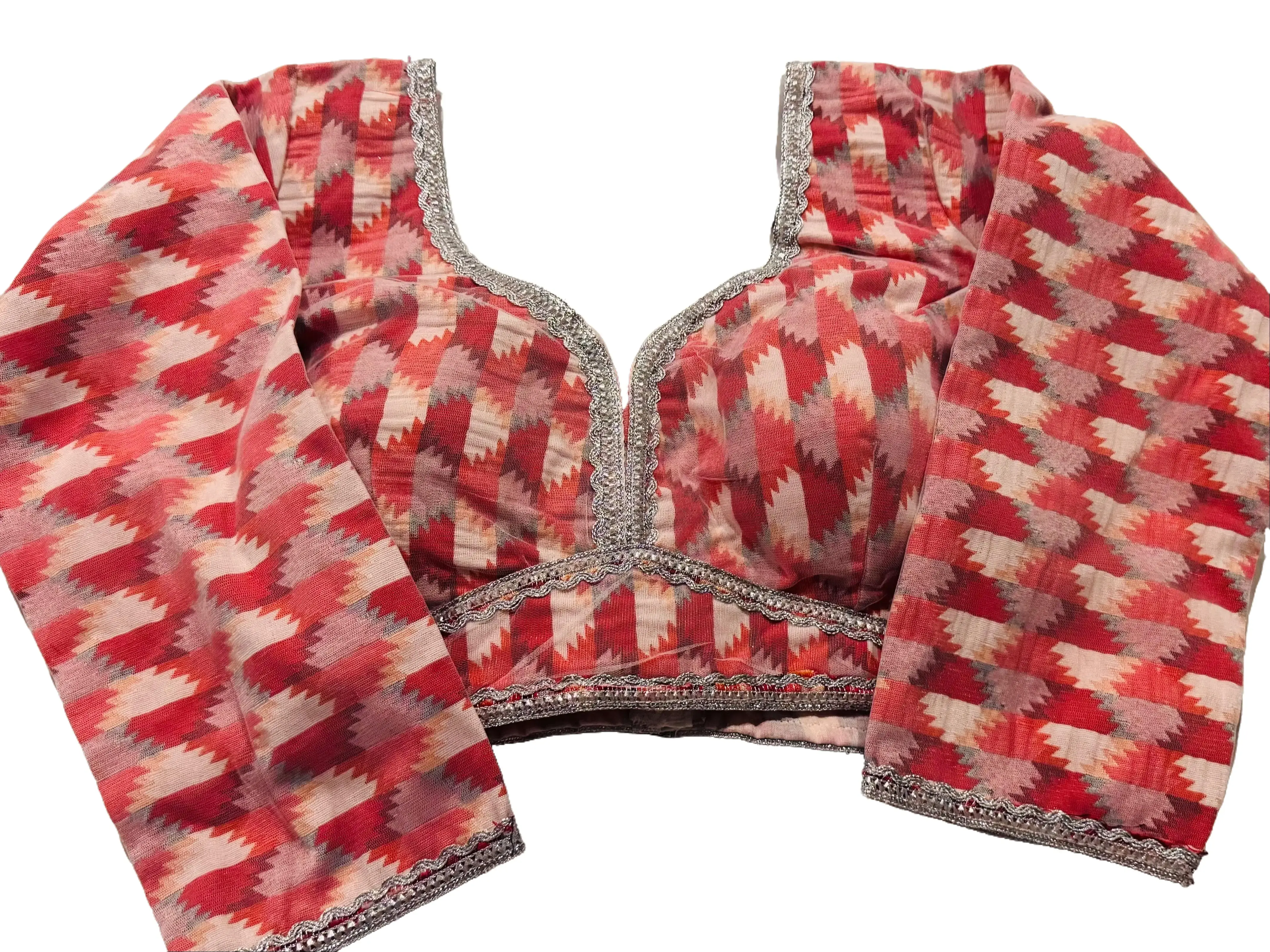 Traditional Nepali Dhaka Blouse Red and Cream Pattern for Ethnic Functions Weddings Anniversaries Daily Functions and Puja - Shirts, Fabric