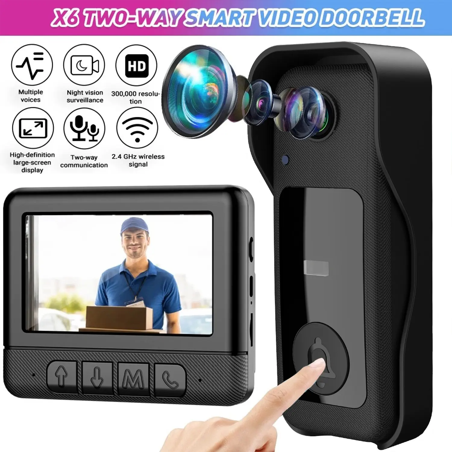 X6 Smart Video Doorbell, 4.3 Inch Color Screen, HD Video Intercom Monitor, Home Intercom System, Long Battery Life, No Network Needed, Supports Video Call, Rechargeable Video Intercom, Wireless Video Doorbell