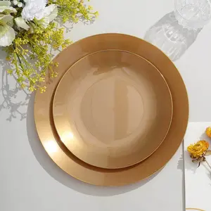 10-Pack Plastic Round Dessert Plates 8" Gold with Gold Rim - Glossy Disposable Appetizer Salad Plates