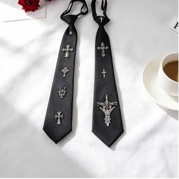 Black No-Tie Cross Necktie - Gothic Style Accessory for JK Uniforms, Fashion Neckwear for Women's Clothing