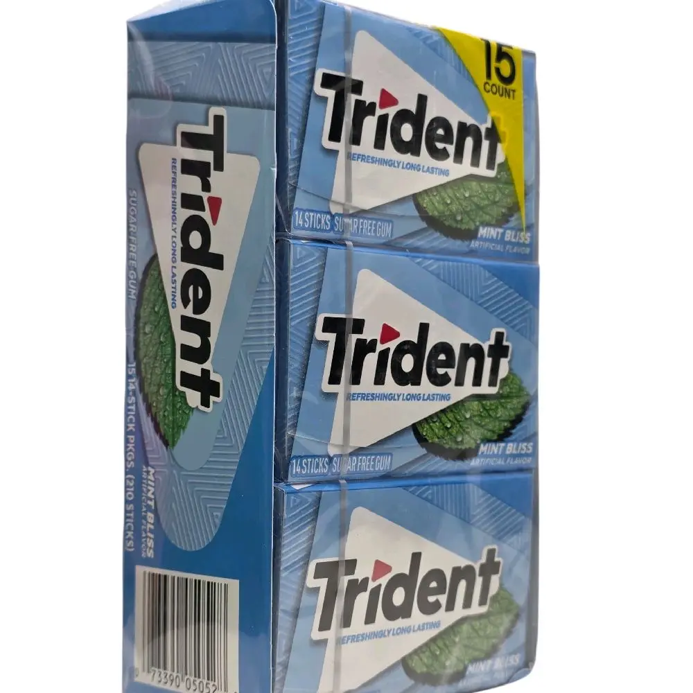 Trident Mint Bliss Sugar-Free Chewing Gum Snack - 15 Packs (14 Individually Wrapped Pieces Each, 210 Total Pieces), Long-Lasting Flavor, No Added Sugar, Suitable for All Ages
