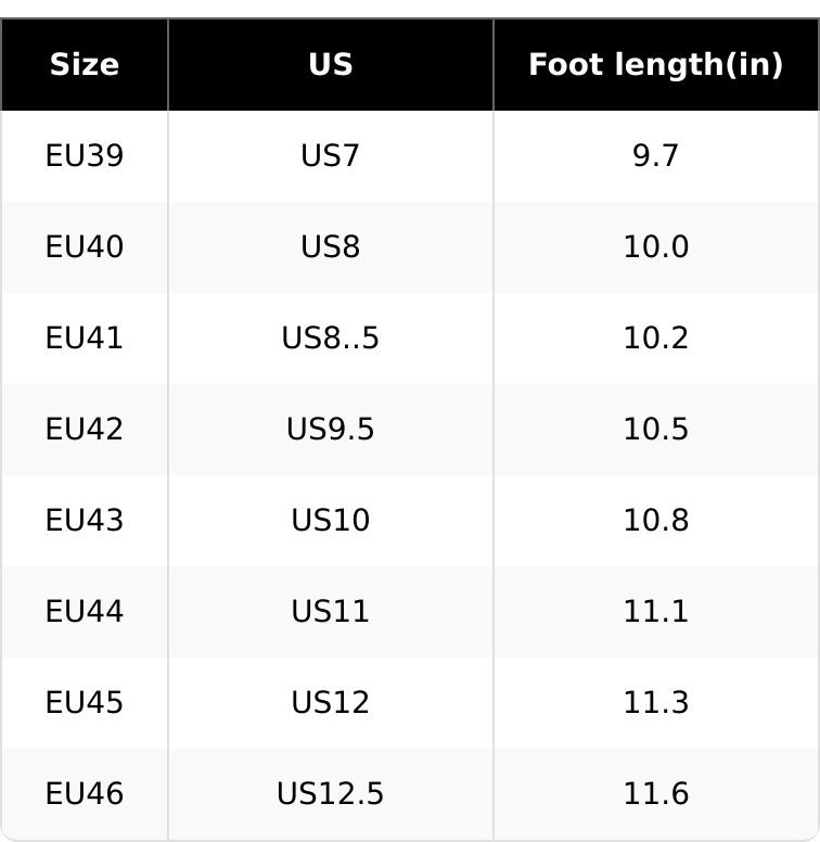 Gothic Embroidered Suede Clogs - size chart (EU / US / foot length)