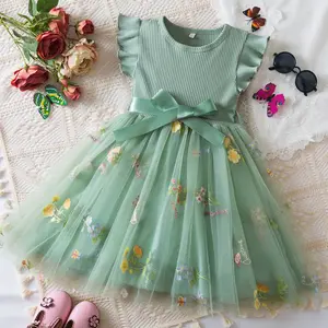 Casual Dress for Girls Embroidered Flower Ribbon Sheer Round Neck Bow Girl's Birthday Party Wedding Flower Girl Chiffon Dress