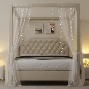 Canopy Bed Frame with Nailhead Headboard, Upholstered with Poles & 4 Corner Brackets