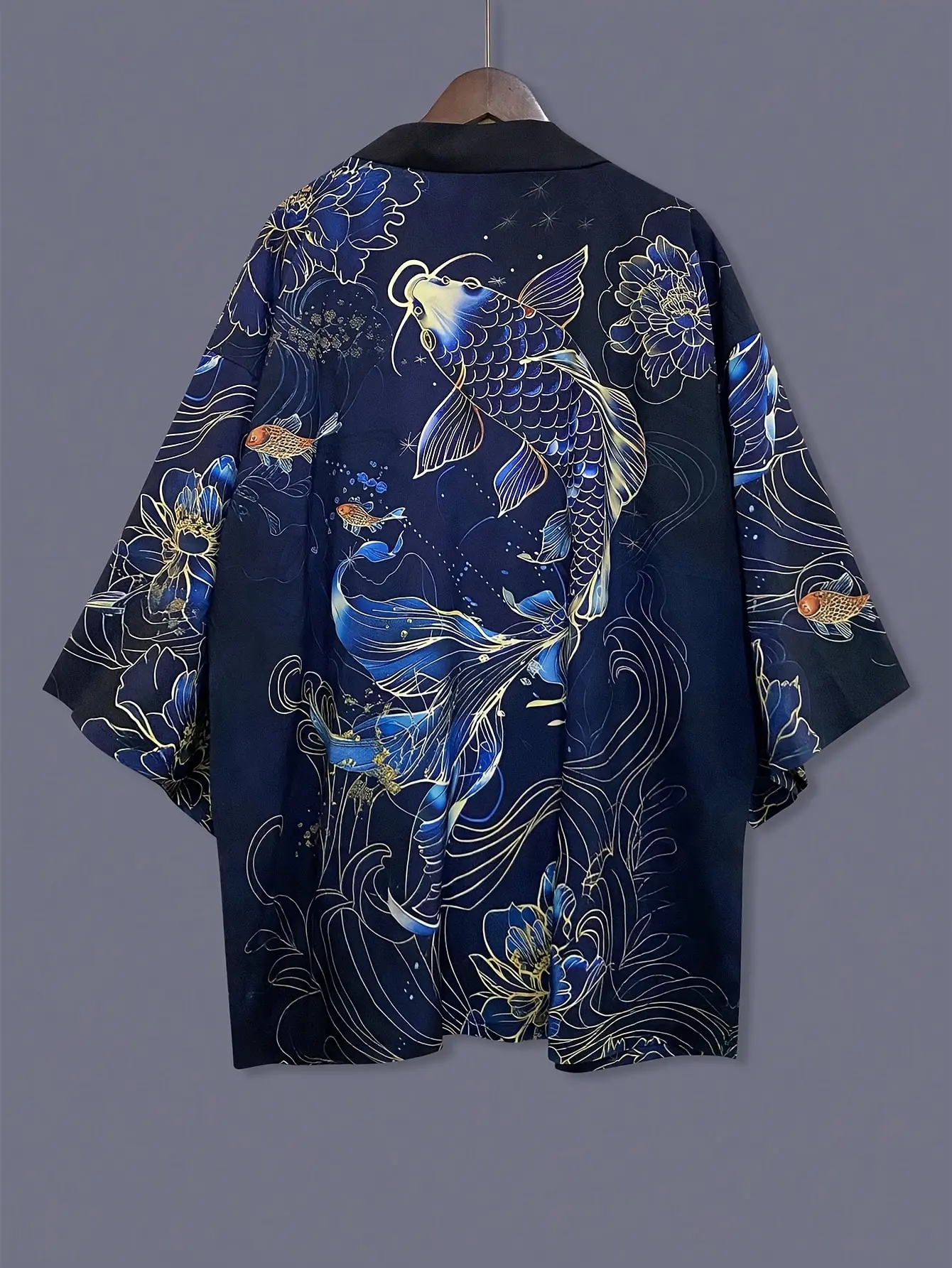 Men's Japanese Kimono Robe - Vintage Koi & Moon Patterns, Loose Fit Shawl, Short Jacket & Cover-Up, Machine Washable Traditional Attire for Travel, Festival Costumes