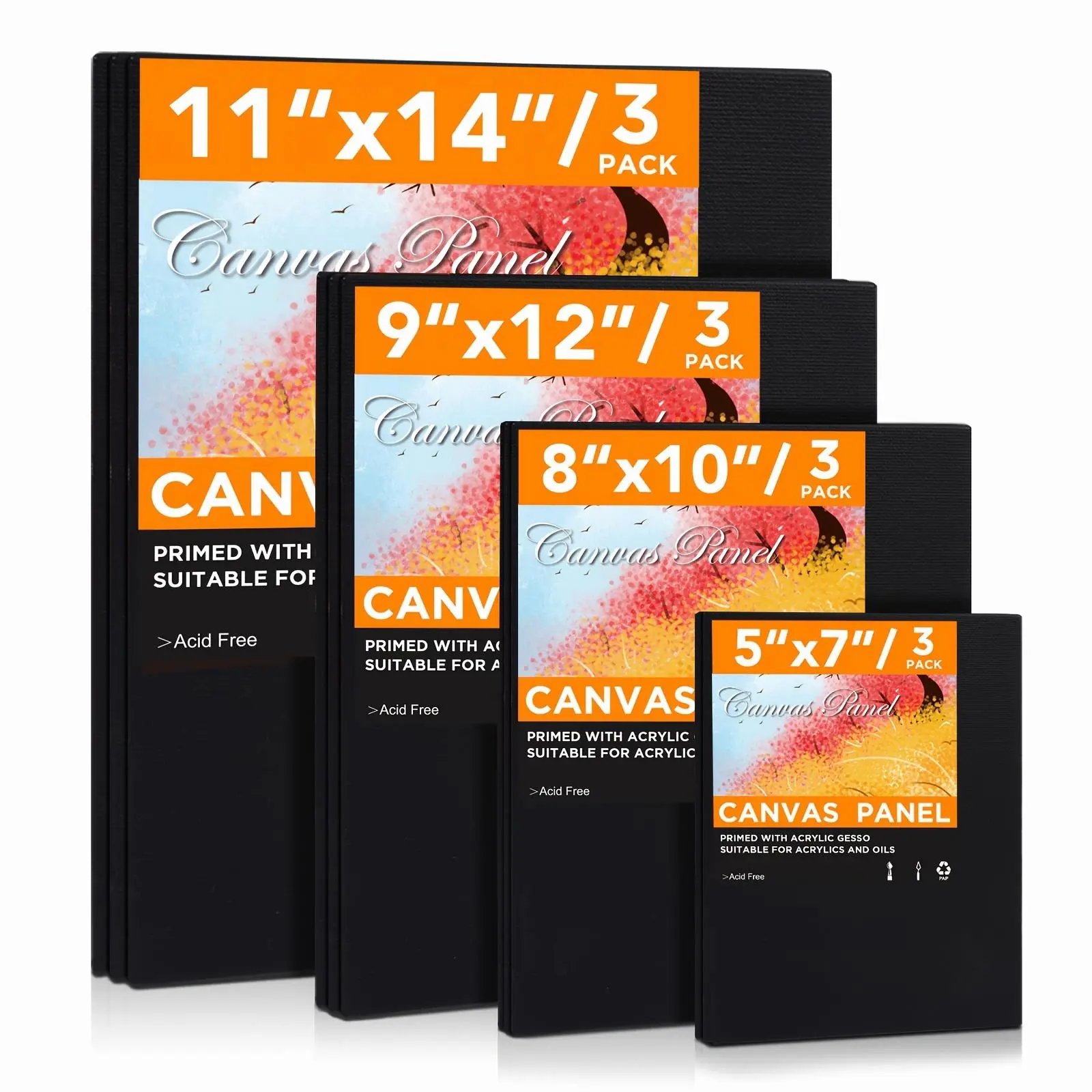 Professional Artist Canvas Panels Multi Size Pack - Acid-Free Primed Surface for Oil Acrylic Watercolor Painting (11X14 9X12 8X10 5X7, 12-Pack Studio Art Boards)