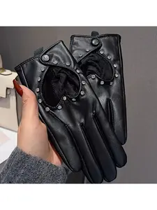 New hollow-out diamond-inlaid leather five-finger full touchscreen gloves for women with fleece lining for winter